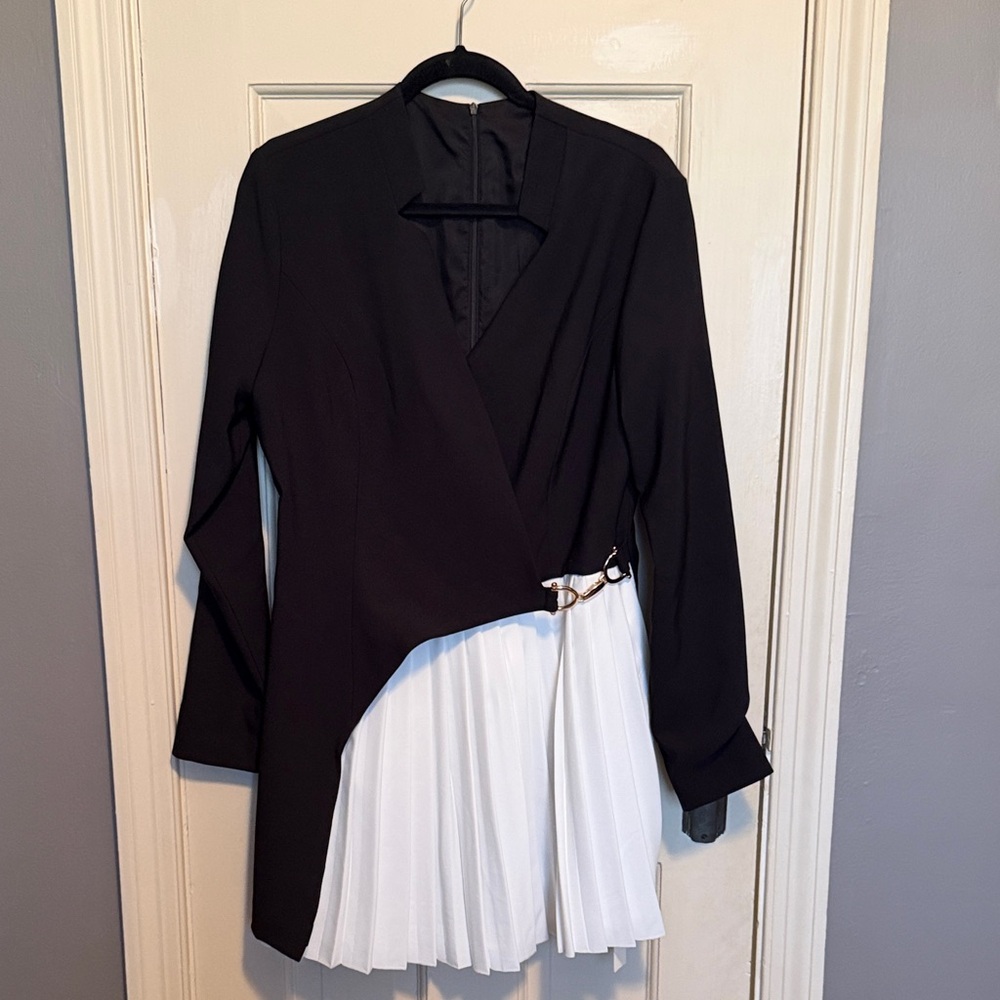 Commense Black and White Asymmetrical Blazer Dress with Buckle Detail